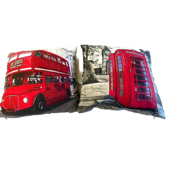 London England UK Britain Throw Pillow Red  Double decker Phone Booth  Set Of 2 - Picture 2 of 11
